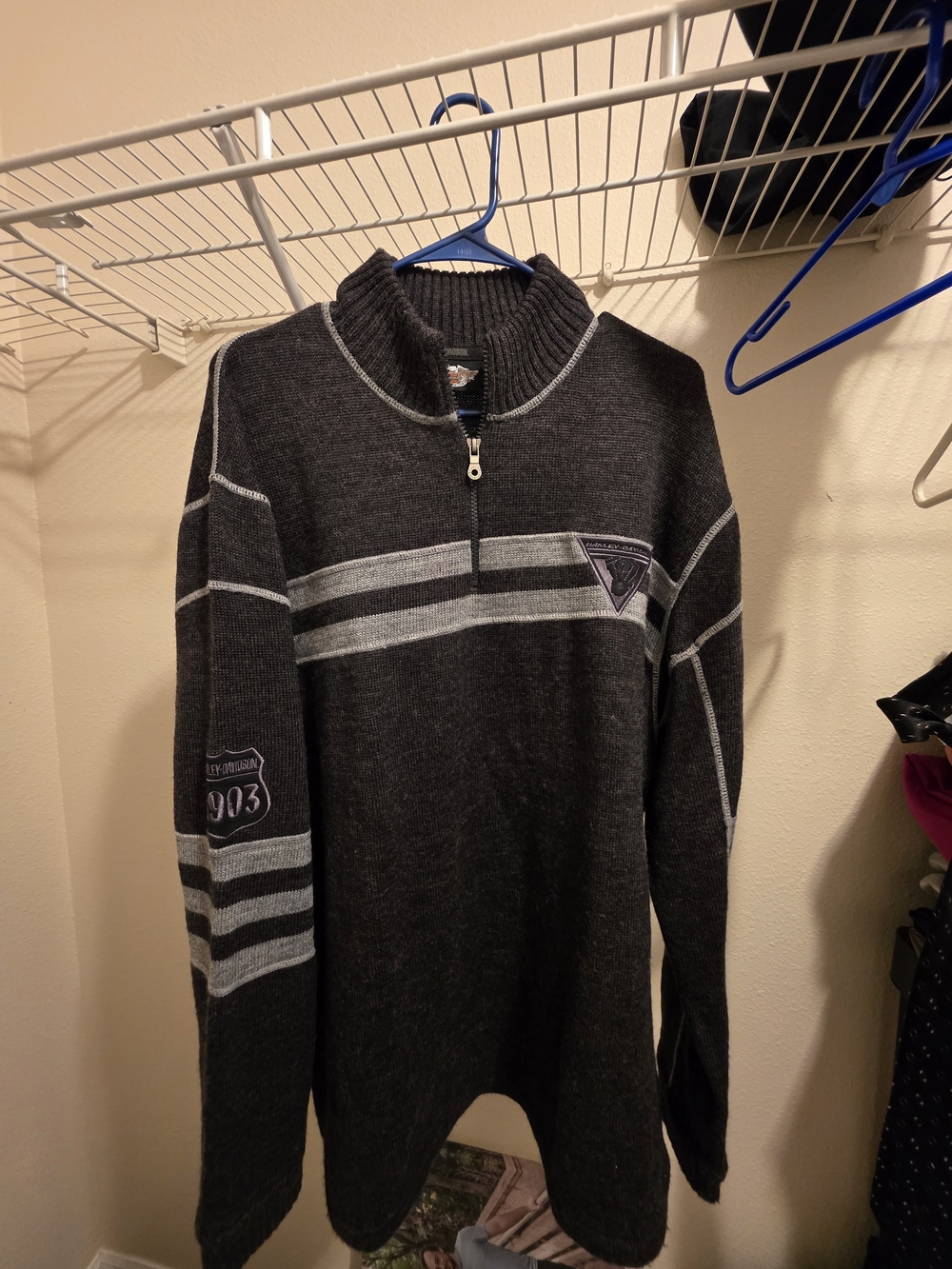 Harley Davidson Mens XL 1/4 Zip Pullover Wool Blend Sweater Logo Striped Gray